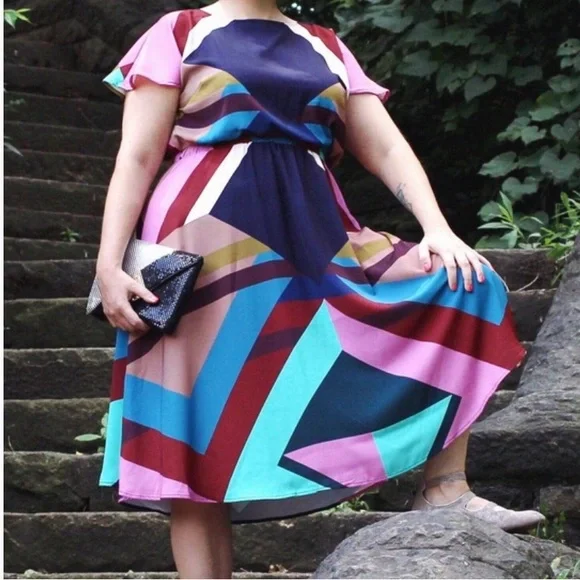 Eloquii Multi Color Geometric MIDI Dress Size 14 - Picture 4 of 11